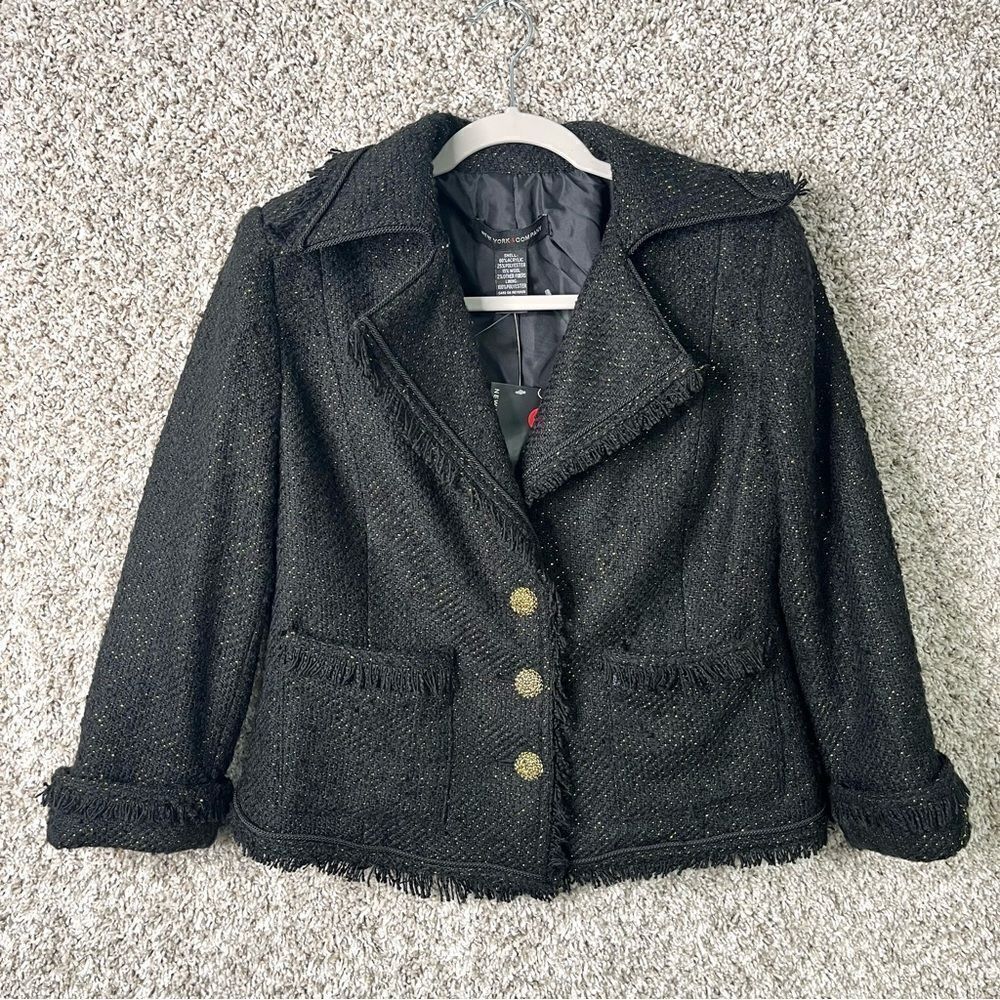 New York & Company Blazer Women's 10 Black & Gold Wool Blend Tweed 3 Button NWT